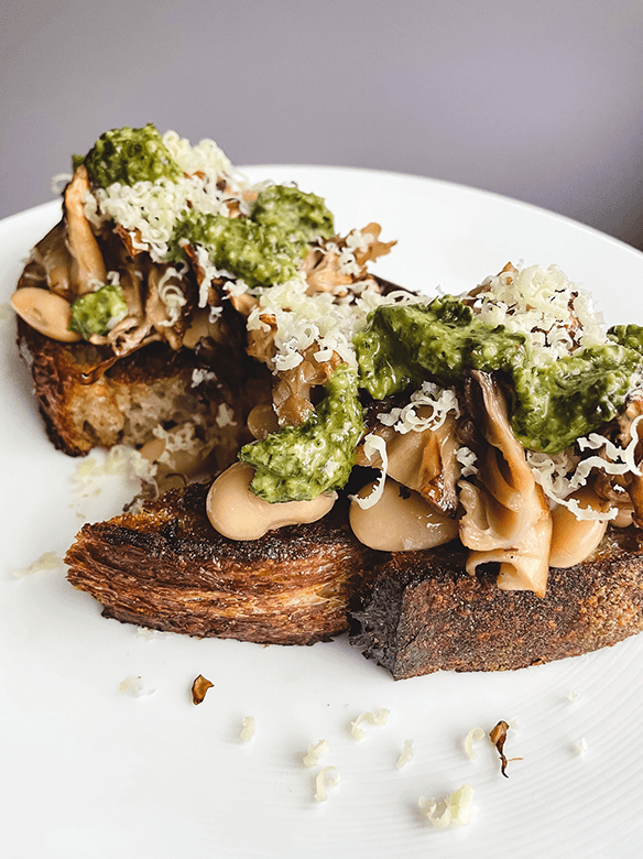 White Bean and Maitake Mushroom Toast with Easy Ghee Pesto